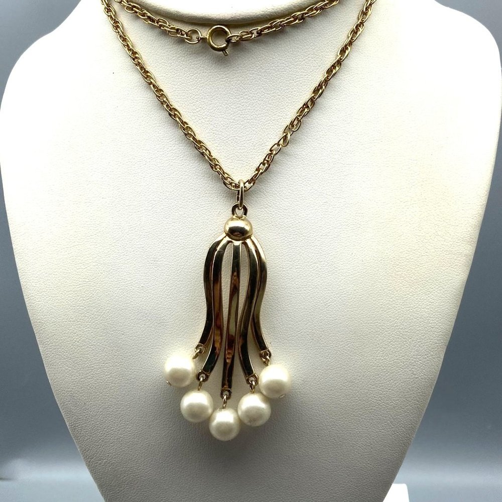 Vintage Sarah Coventry Waterfall Pendant, Gold Tone and Pearl Drops on Gold Tone